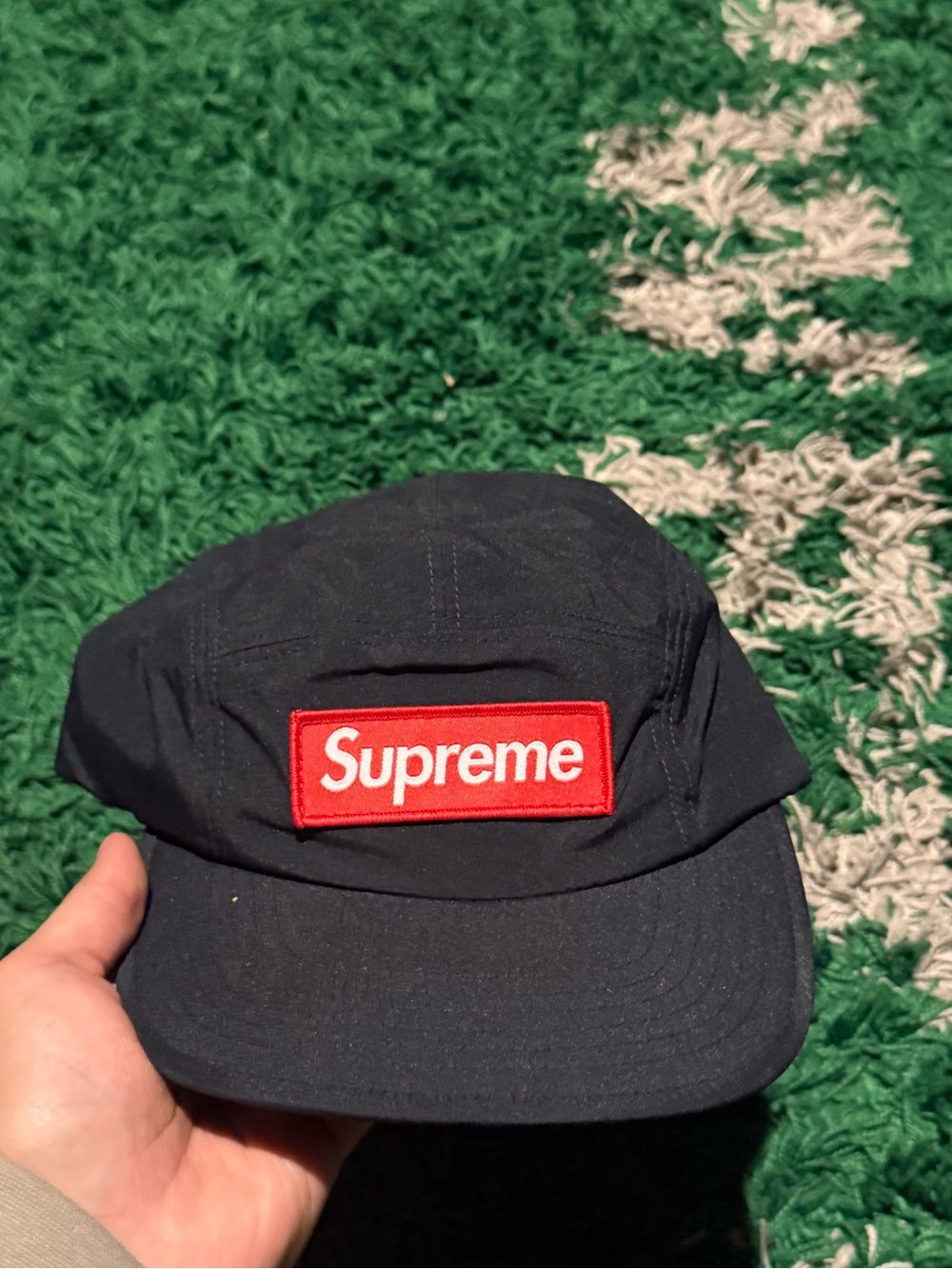 Supreme Navy Blue Box Logo Camp Cap with Red Patch